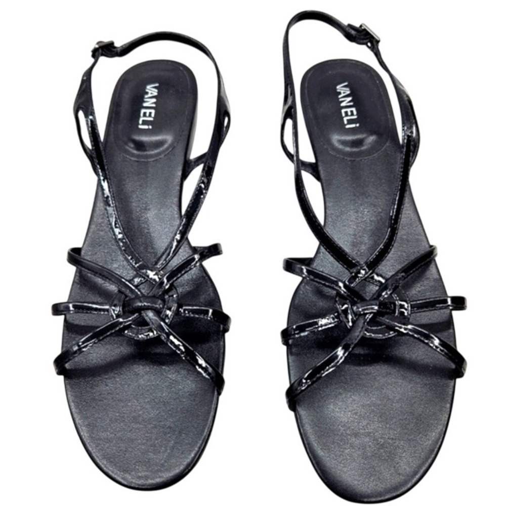 Vaneli Black‎ Patent Leather Strappy Flat Sandals Women's Comfort 12N